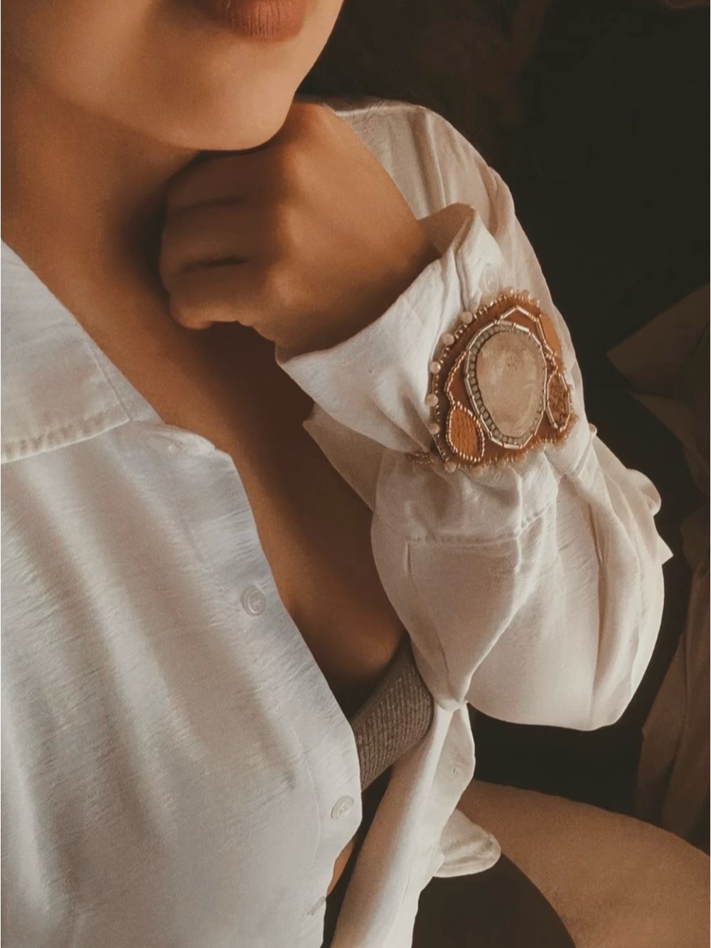 Handcrafted Gold-Beaded Statement Cuff Bracelet - Beige Center